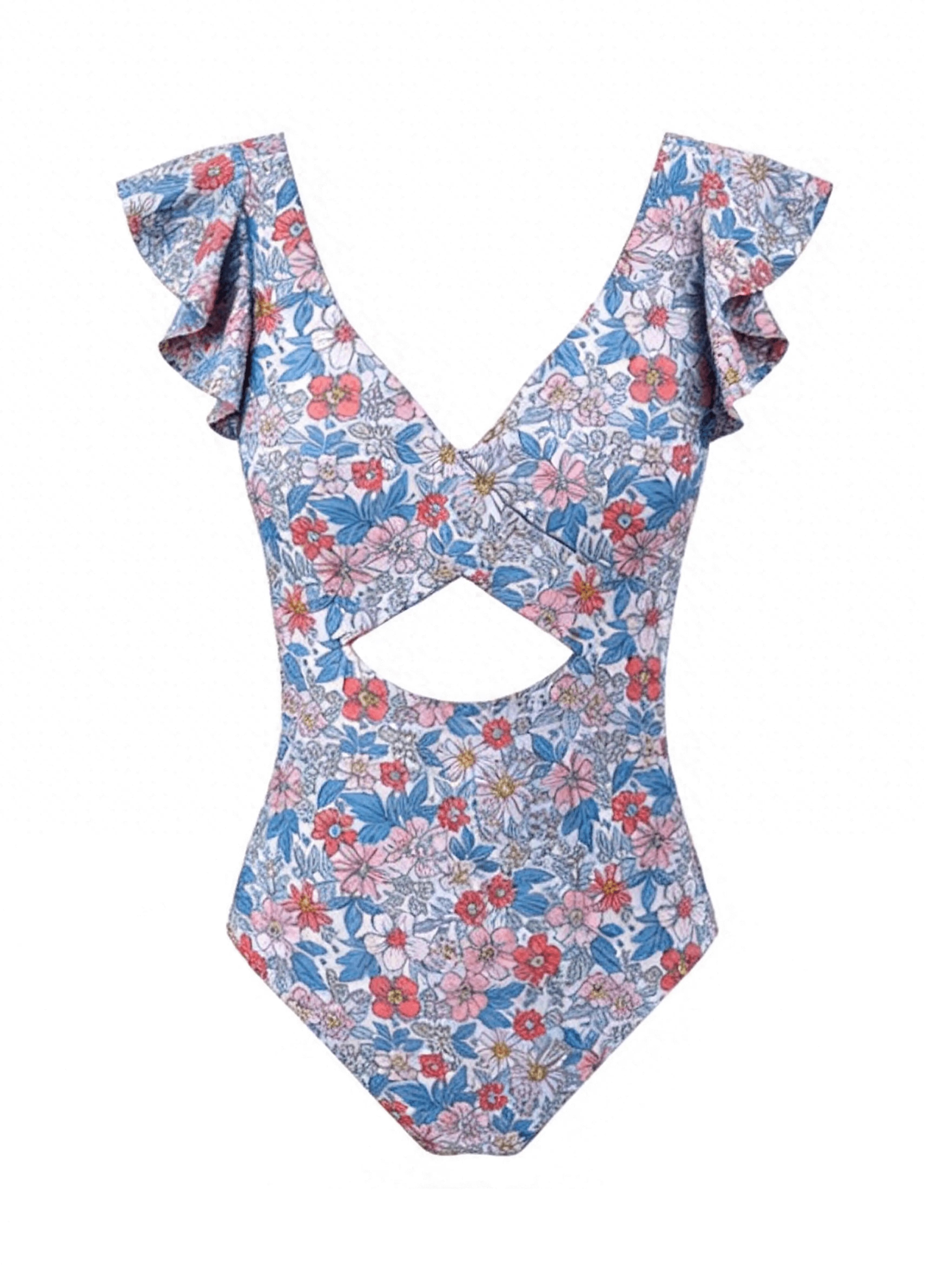 Ruffle Sleeve Cut-Out One Piece Swimsuit